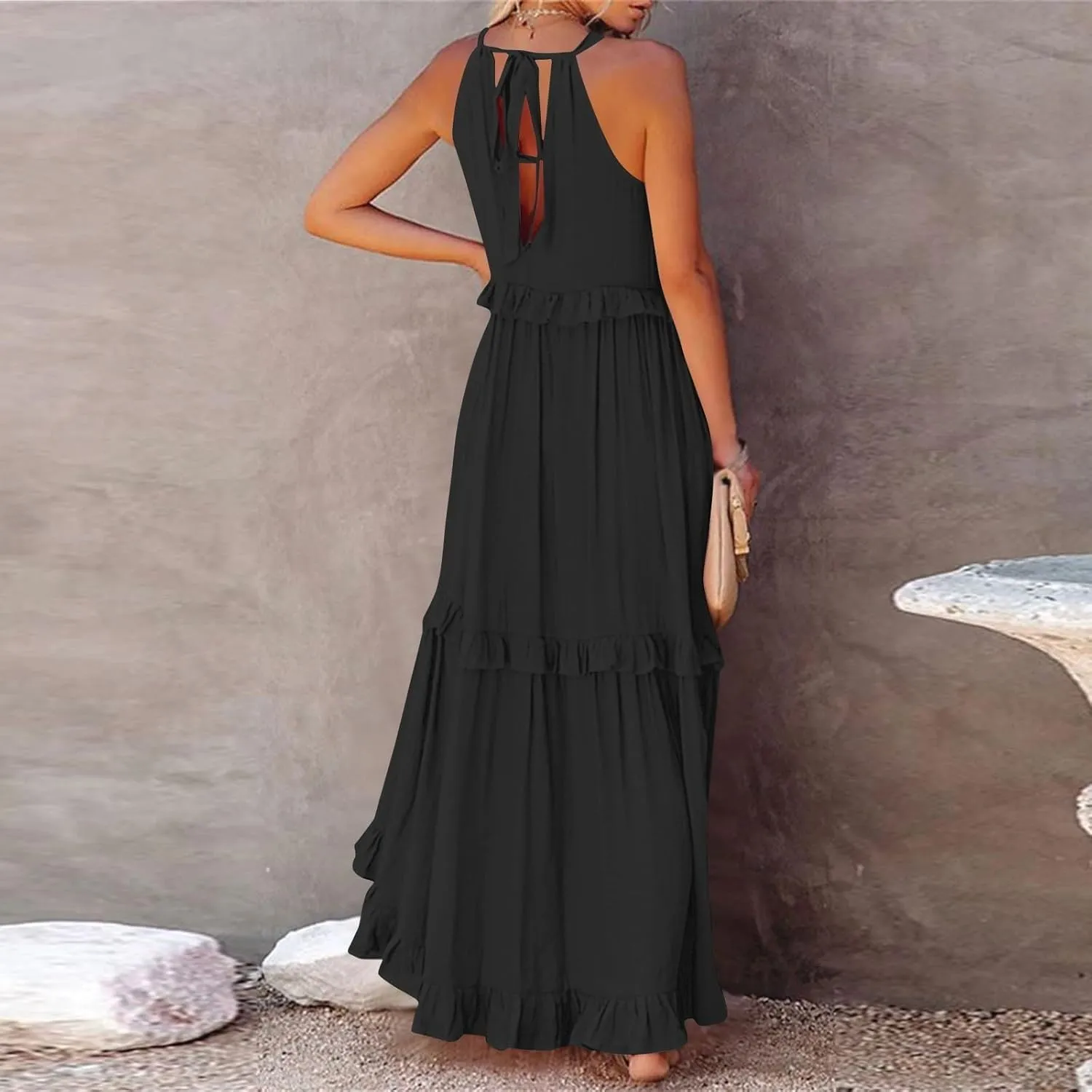 lcyhony Halter Dresses for Women Summer Elegant Flowy Tiered Ruffle Maxi Dress Y2k Sexy Beach Vacation Sundress with Pockets