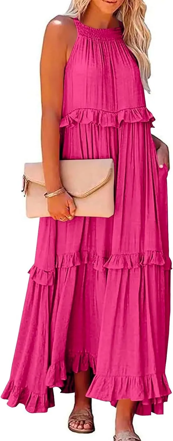lcyhony Halter Dresses for Women Summer Elegant Flowy Tiered Ruffle Maxi Dress Y2k Sexy Beach Vacation Sundress with Pockets