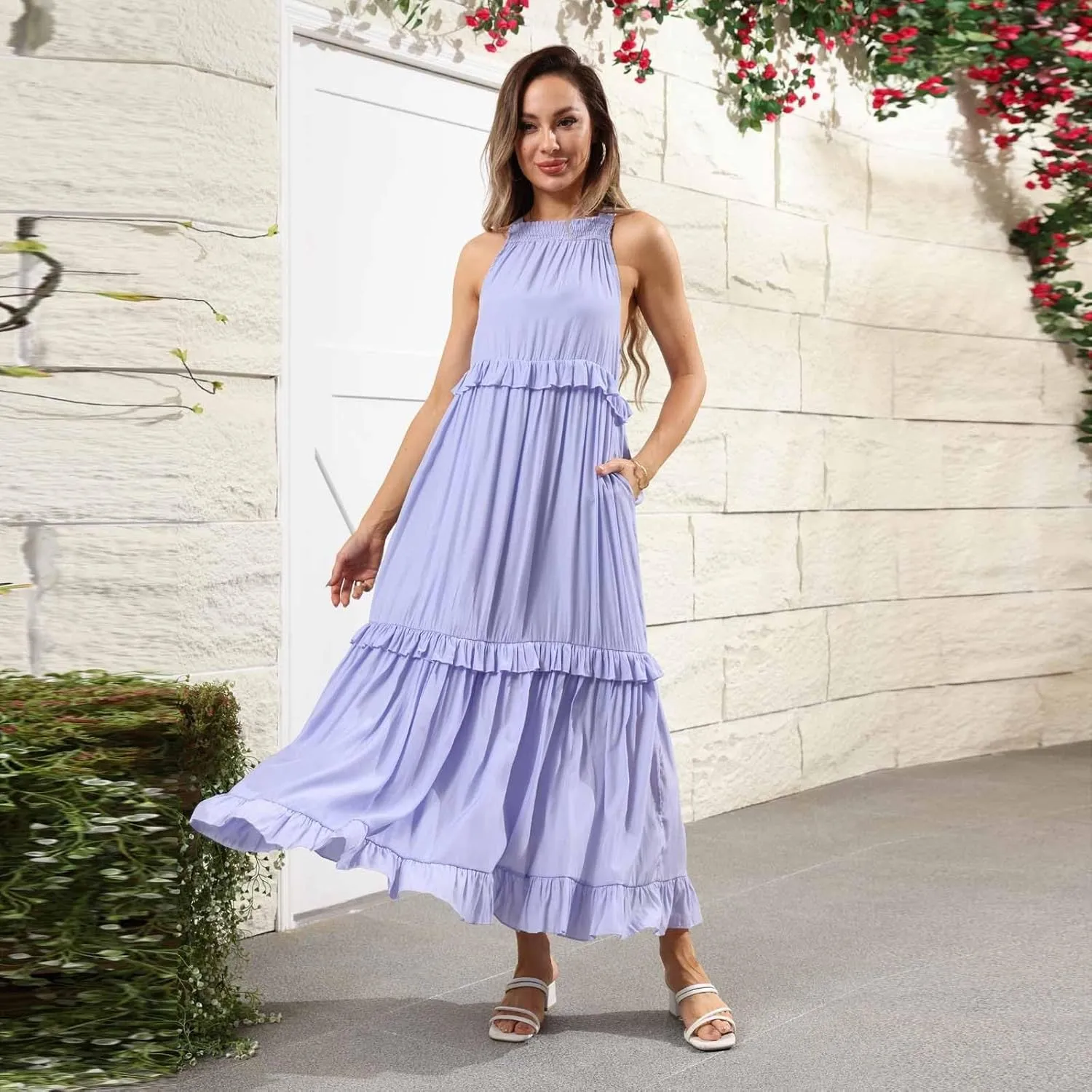 lcyhony Halter Dresses for Women Summer Elegant Flowy Tiered Ruffle Maxi Dress Y2k Sexy Beach Vacation Sundress with Pockets