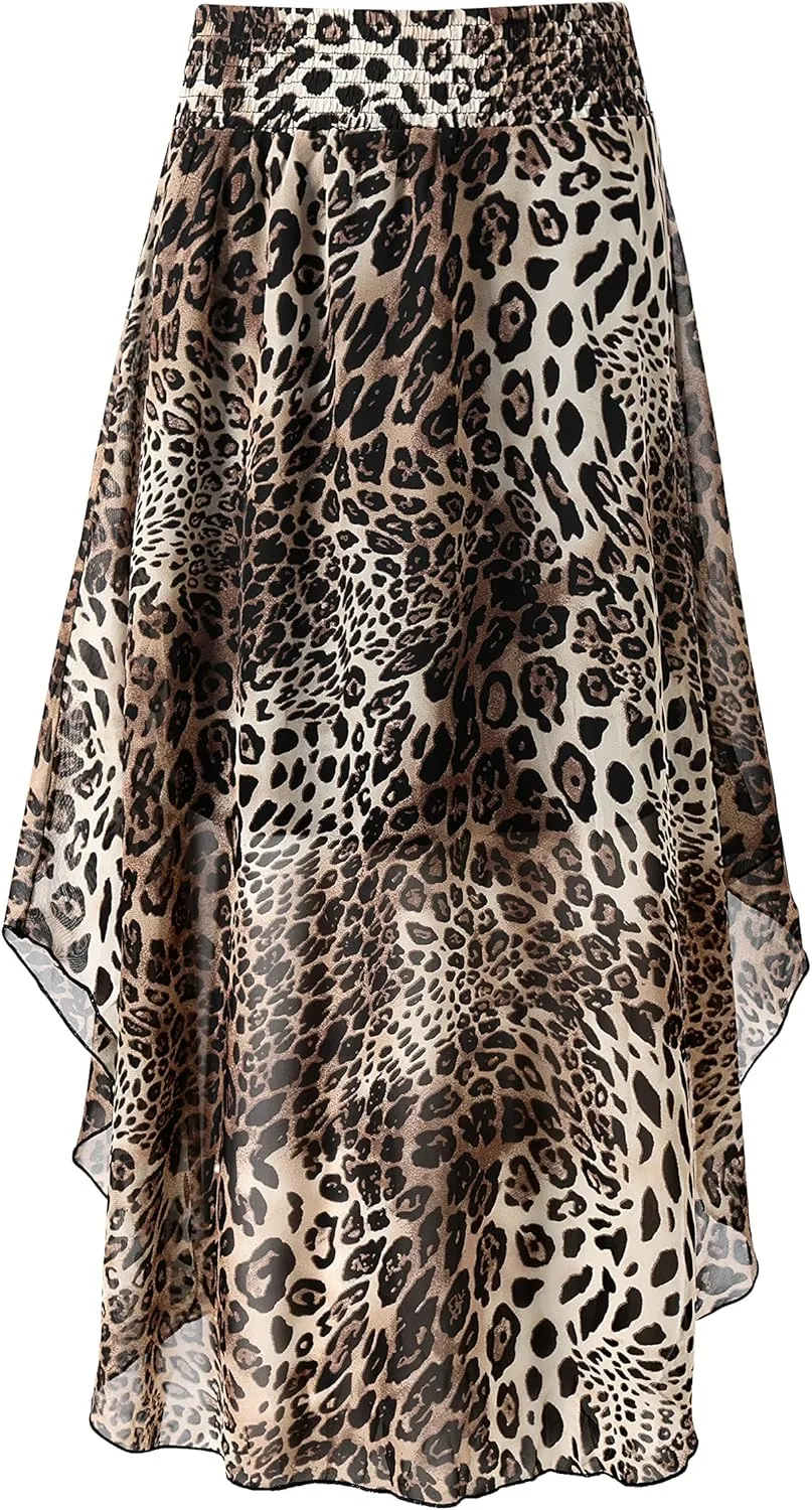Lepord Print Midi Skirt Sexy and Charming Long Flowy Skirts, Elastic Waist Leopard Print Bustier