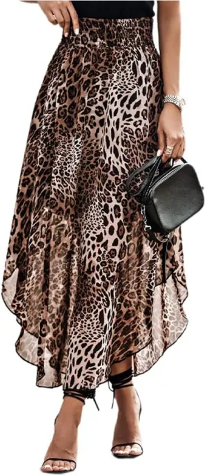 Lepord Print Midi Skirt Sexy and Charming Long Flowy Skirts, Elastic Waist Leopard Print Bustier