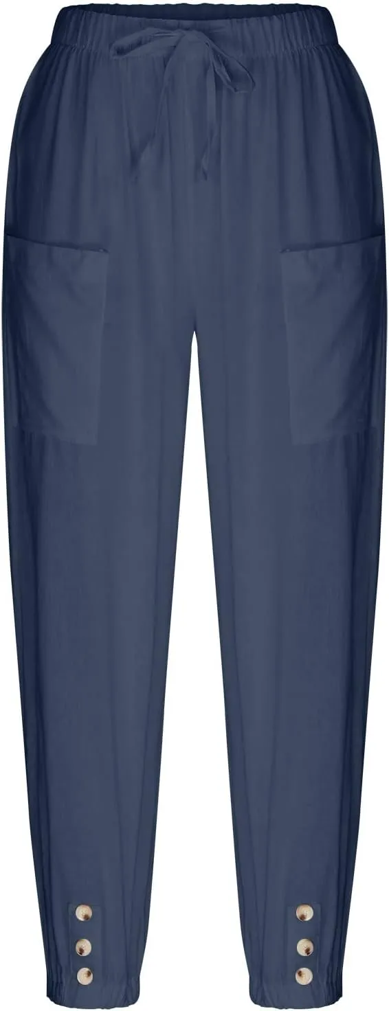 Lightweight Casual Summer Pants for Women Trendy Elastic High Waisted Cotton Linen Cropped Pant Trousers Loose Comfy