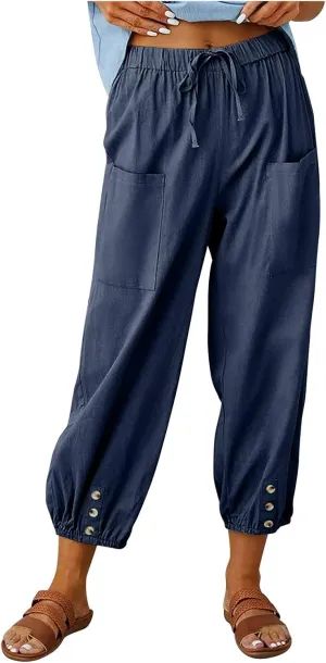 Lightweight Casual Summer Pants for Women Trendy Elastic High Waisted Cotton Linen Cropped Pant Trousers Loose Comfy