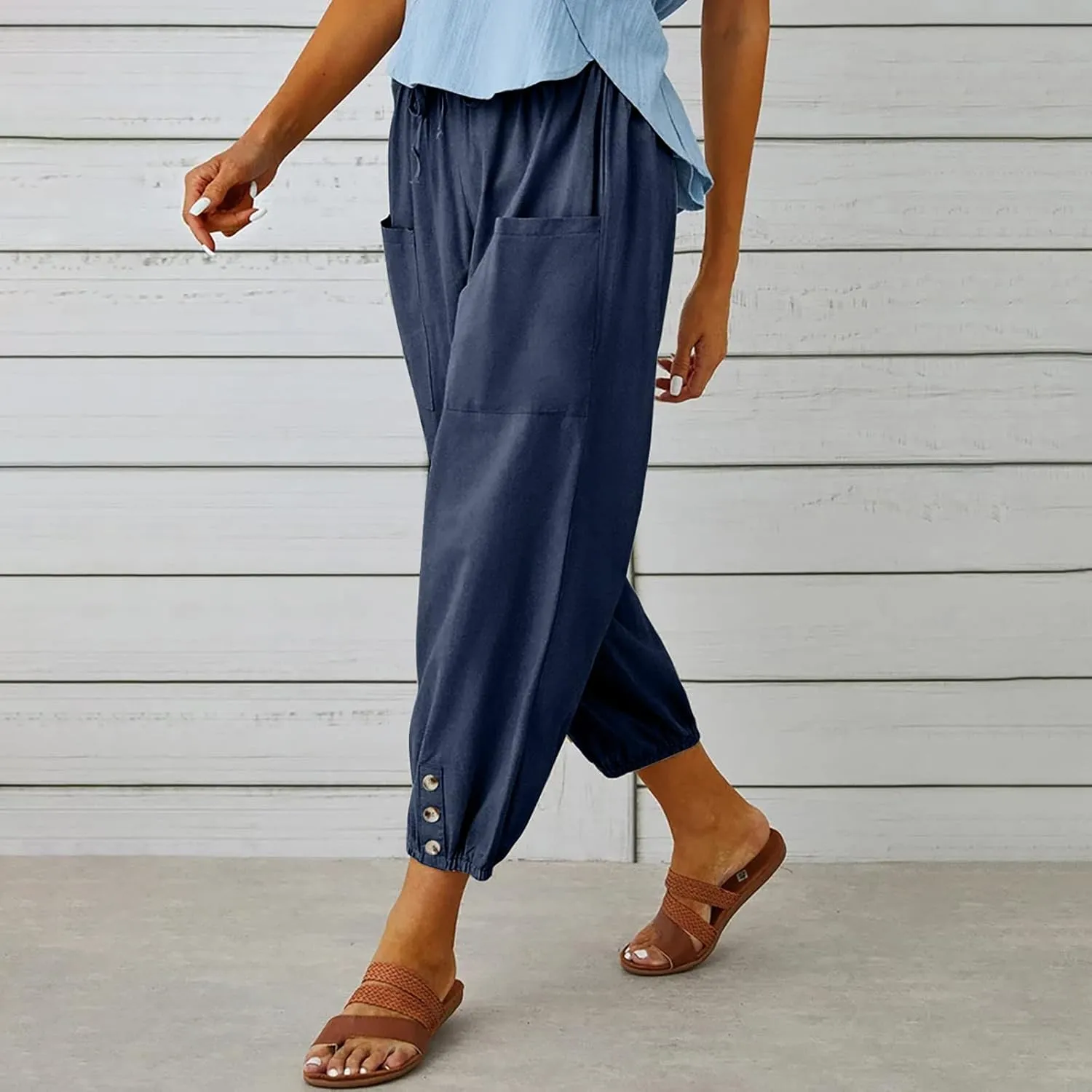 Lightweight Casual Summer Pants for Women Trendy Elastic High Waisted Cotton Linen Cropped Pant Trousers Loose Comfy