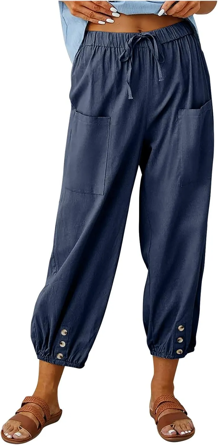 Lightweight Casual Summer Pants for Women Trendy Elastic High Waisted Cotton Linen Cropped Pant Trousers Loose Comfy