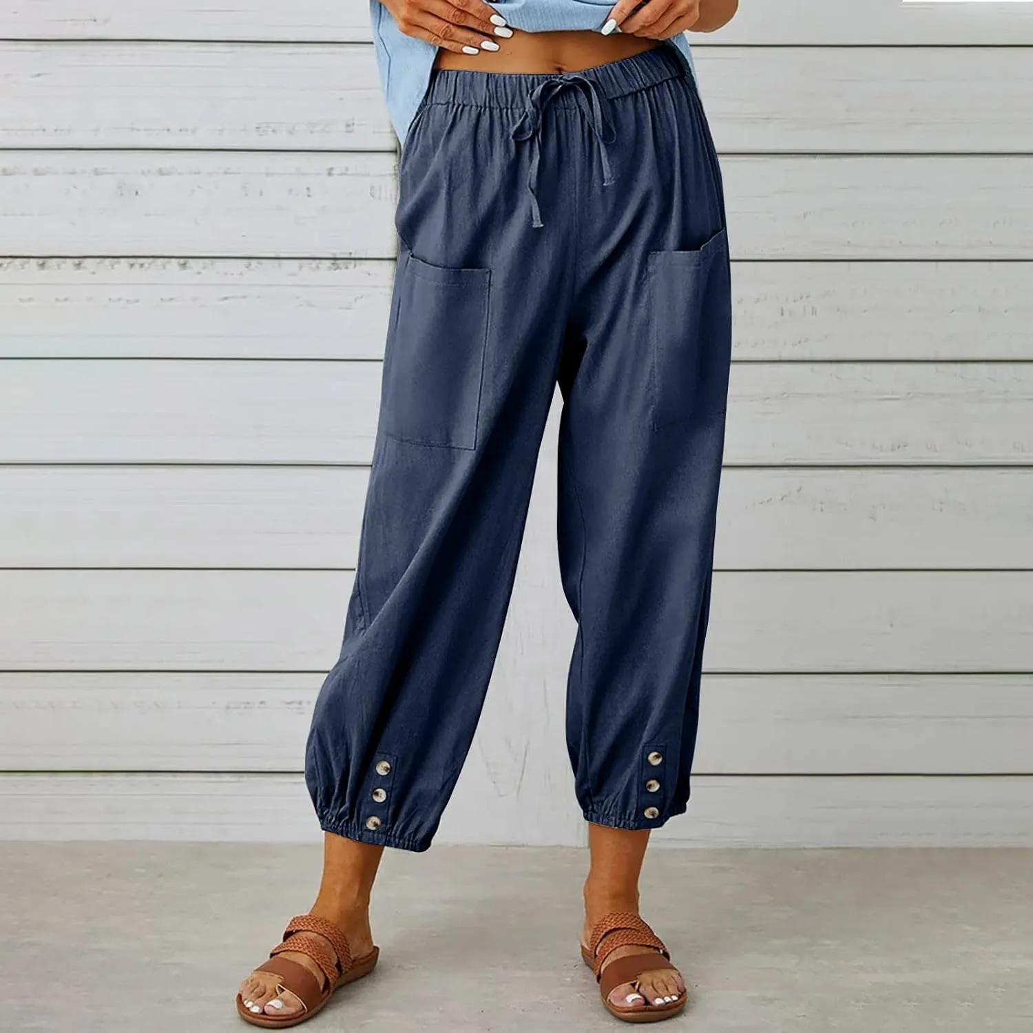 Lightweight Casual Summer Pants for Women Trendy Elastic High Waisted Cotton Linen Cropped Pant Trousers Loose Comfy