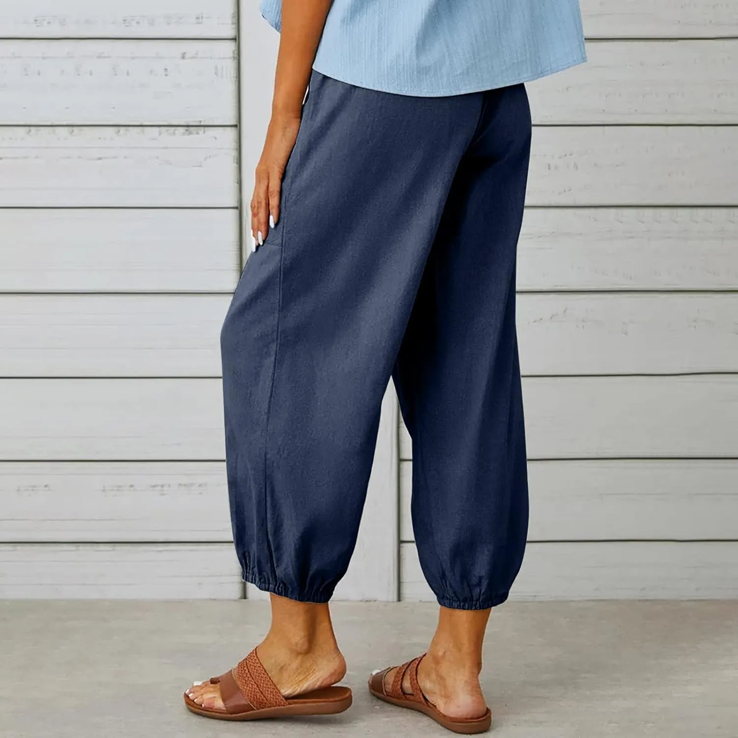Lightweight Casual Summer Pants for Women Trendy Elastic High Waisted Cotton Linen Cropped Pant Trousers Loose Comfy