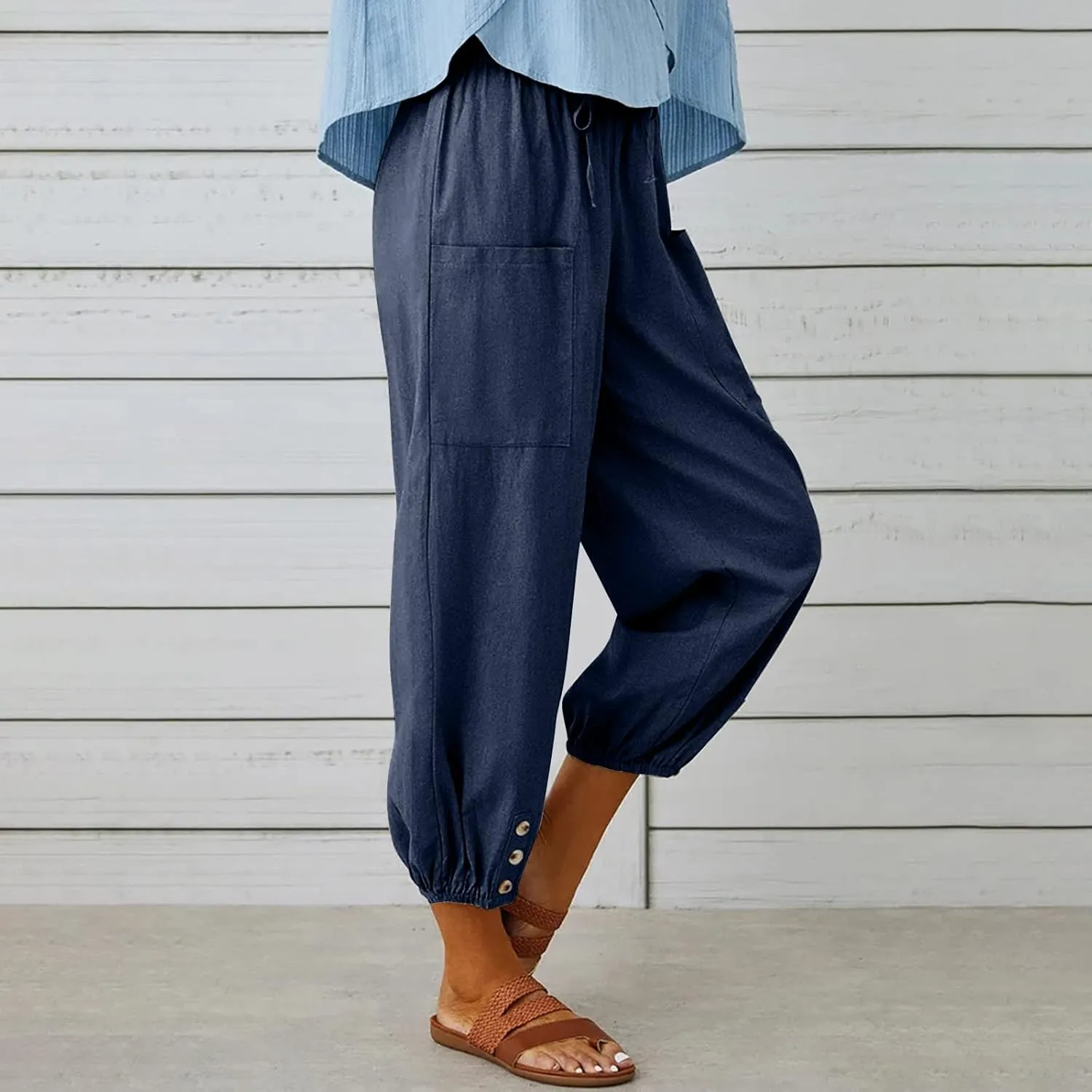 Lightweight Casual Summer Pants for Women Trendy Elastic High Waisted Cotton Linen Cropped Pant Trousers Loose Comfy