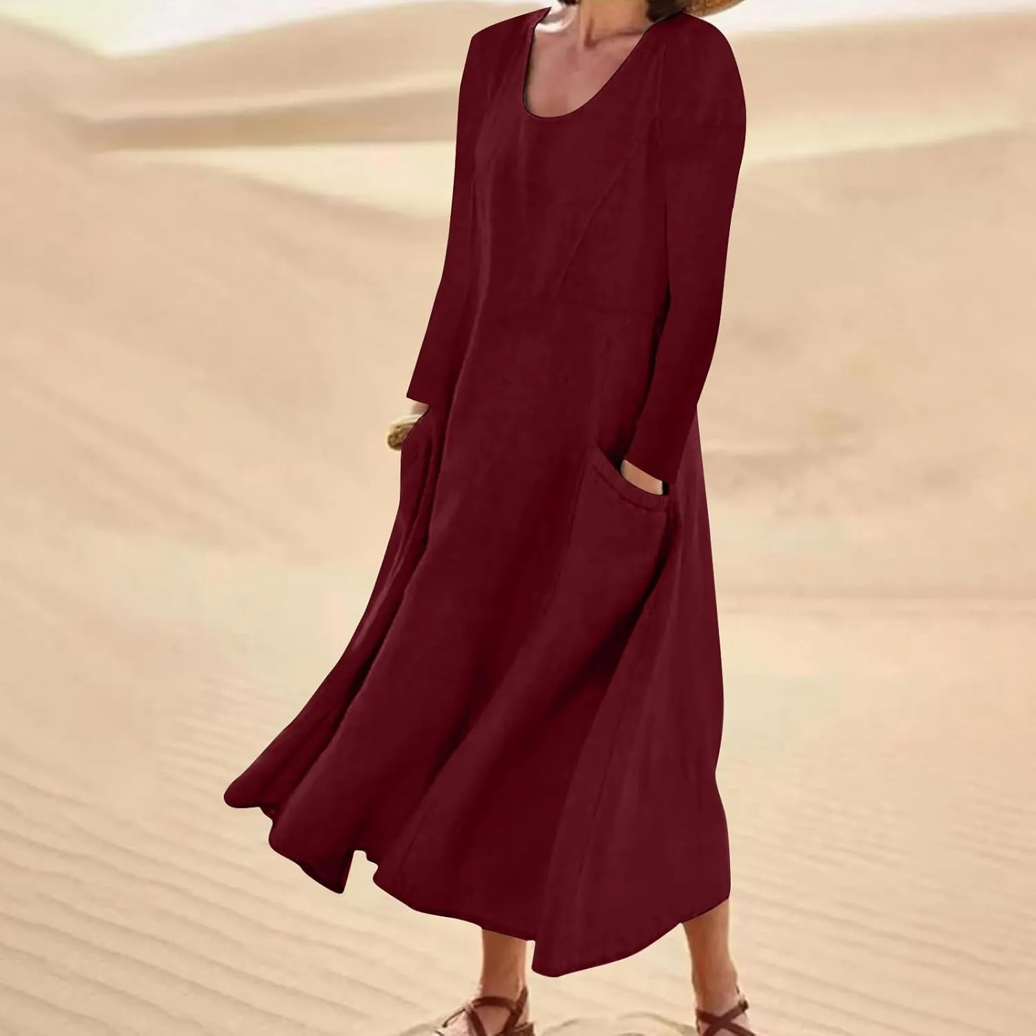 Linen Cotton Dresses for Women 2024 Long Sleeve Solid Casual Baggy Flowy Lightweight Vacation Maxi Dress with Pockets