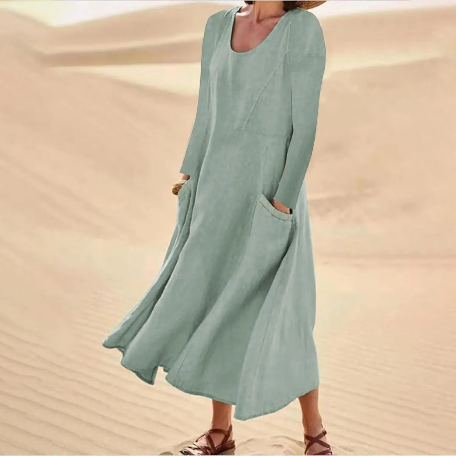 Linen Cotton Dresses for Women 2024 Long Sleeve Solid Casual Baggy Flowy Lightweight Vacation Maxi Dress with Pockets
