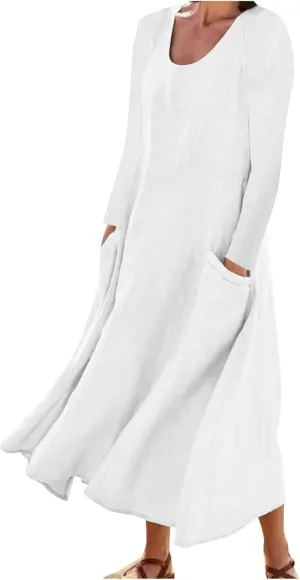 Linen Cotton Dresses for Women 2024 Long Sleeve Solid Casual Baggy Flowy Lightweight Vacation Maxi Dress with Pockets