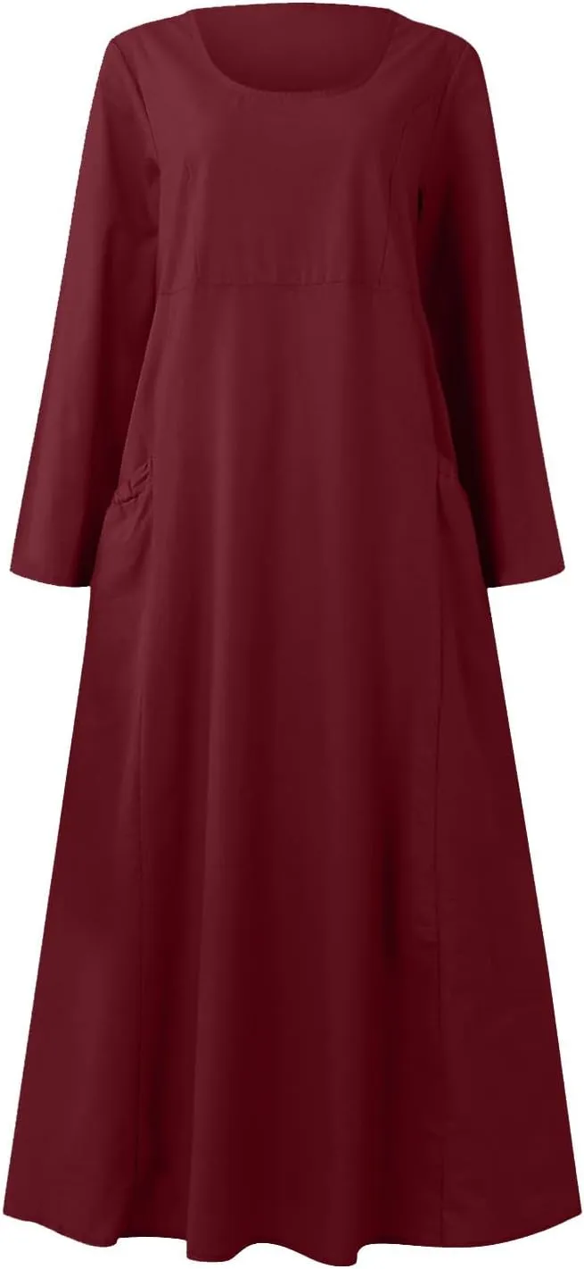 Linen Cotton Dresses for Women 2024 Long Sleeve Solid Casual Baggy Flowy Lightweight Vacation Maxi Dress with Pockets