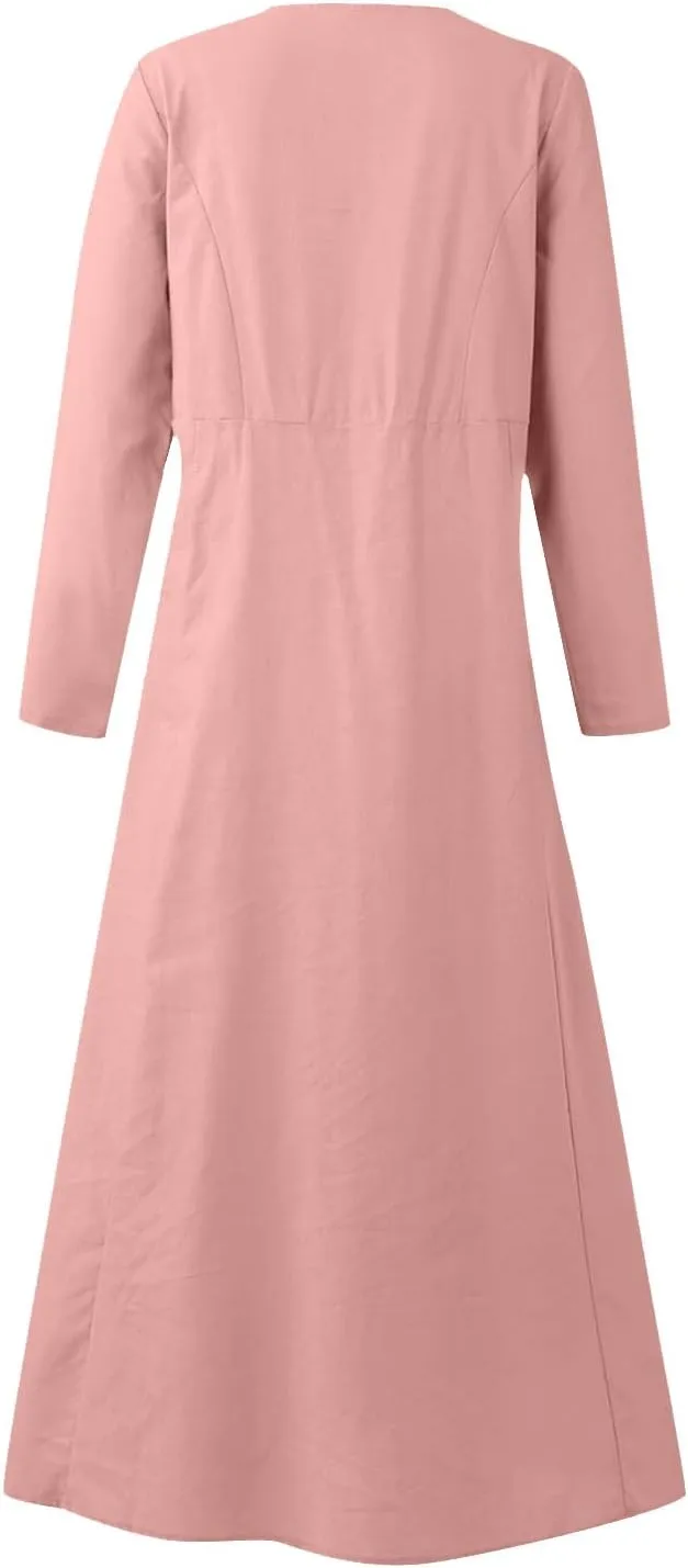 Linen Cotton Dresses for Women 2024 Long Sleeve Solid Casual Baggy Flowy Lightweight Vacation Maxi Dress with Pockets