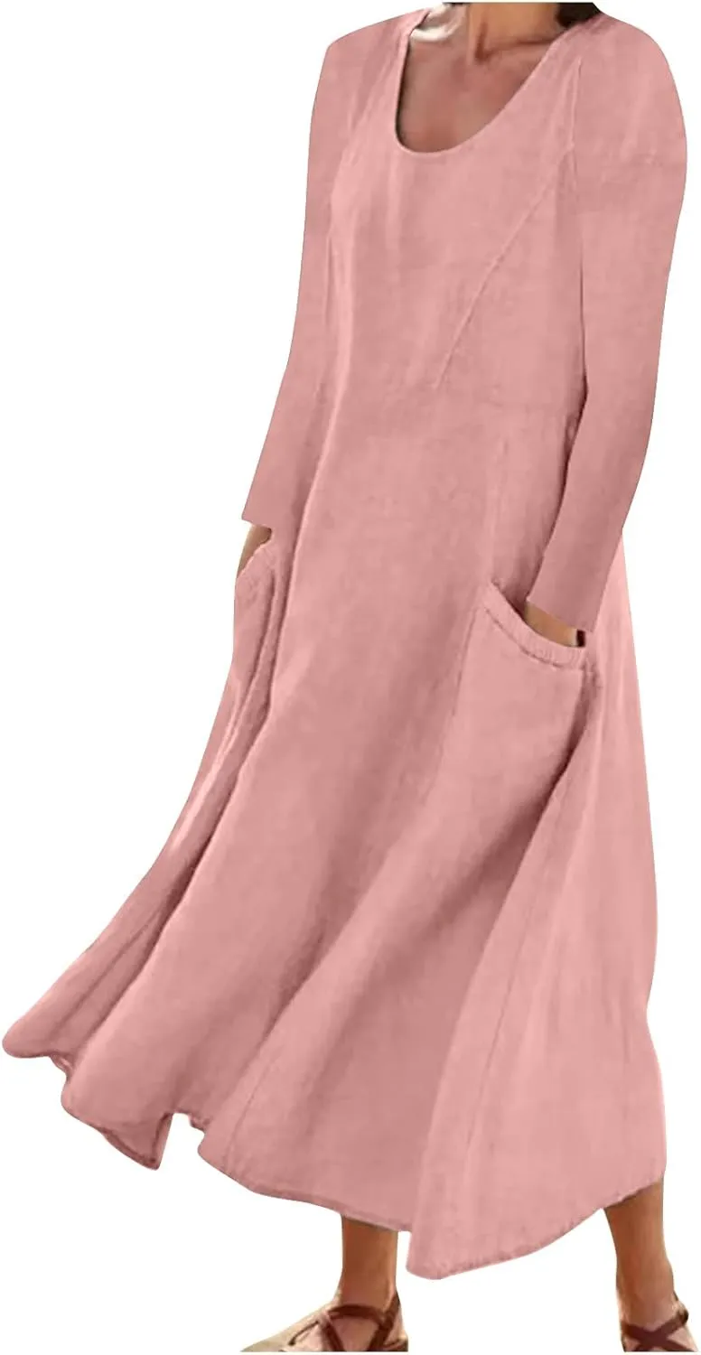 Linen Cotton Dresses for Women 2024 Long Sleeve Solid Casual Baggy Flowy Lightweight Vacation Maxi Dress with Pockets