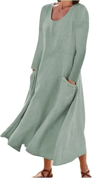 Linen Cotton Dresses for Women 2024 Long Sleeve Solid Casual Baggy Flowy Lightweight Vacation Maxi Dress with Pockets