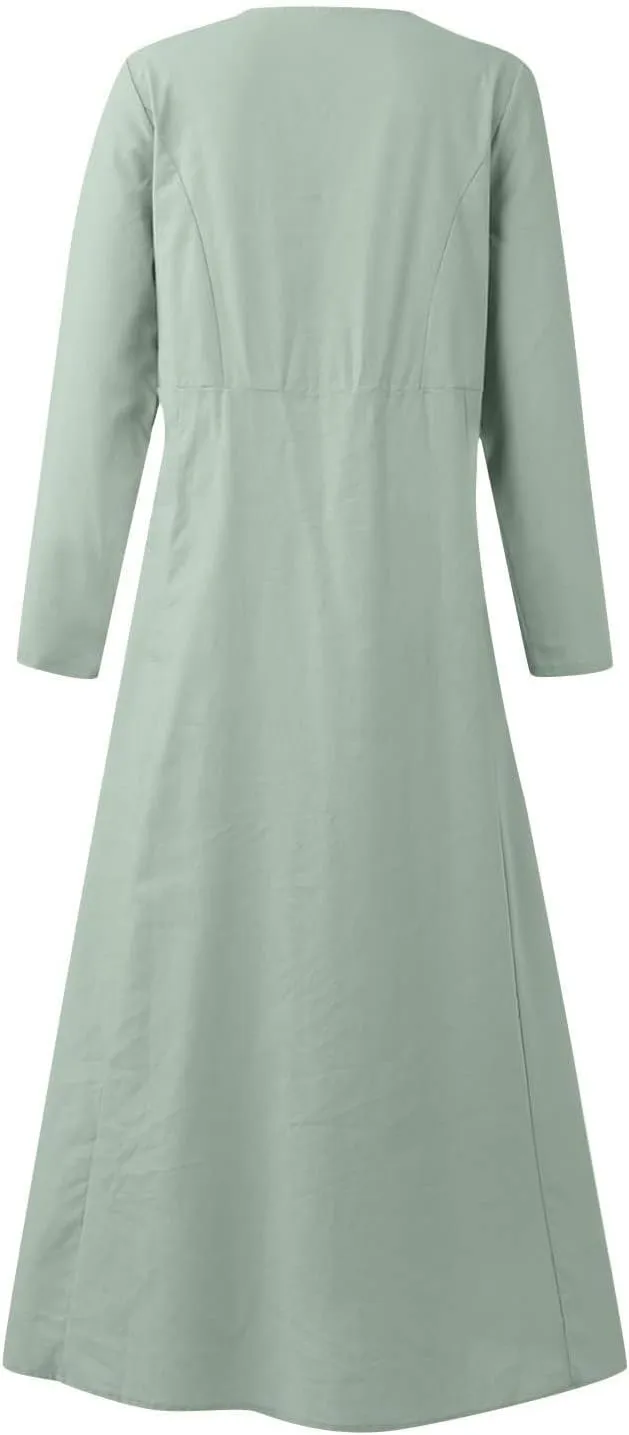 Linen Cotton Dresses for Women 2024 Long Sleeve Solid Casual Baggy Flowy Lightweight Vacation Maxi Dress with Pockets