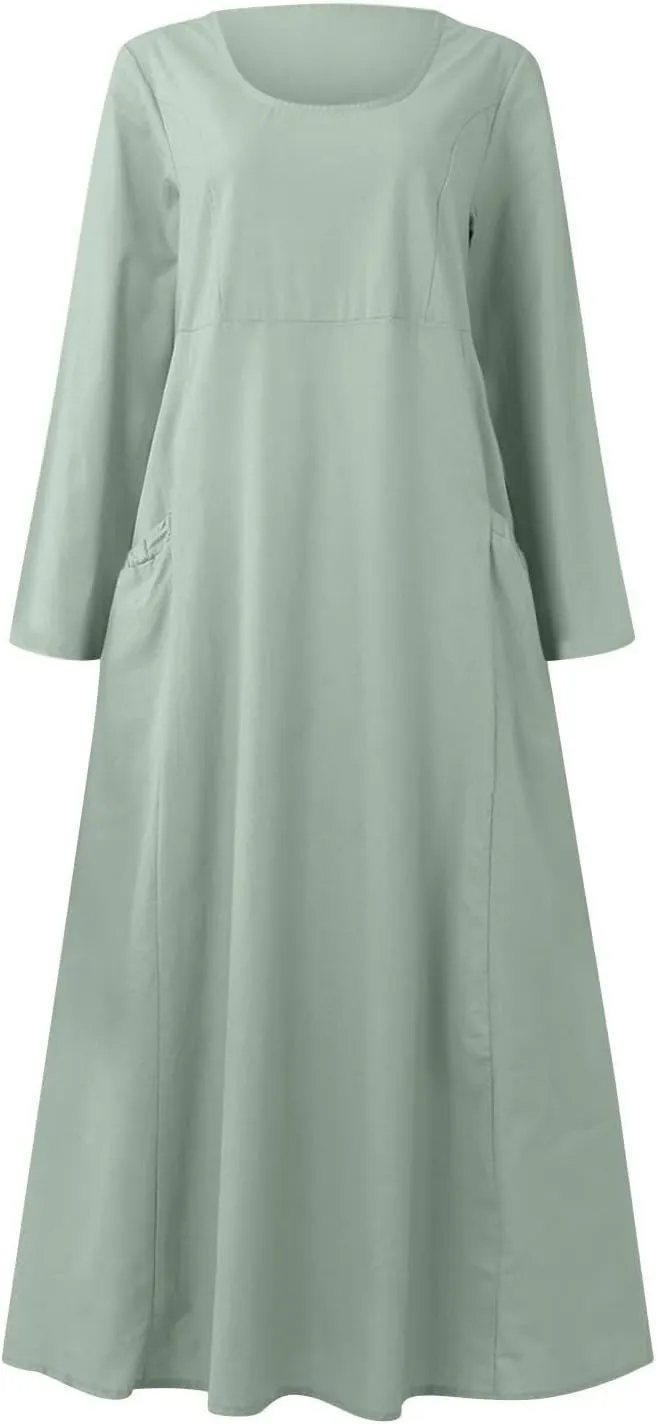Linen Cotton Dresses for Women 2024 Long Sleeve Solid Casual Baggy Flowy Lightweight Vacation Maxi Dress with Pockets