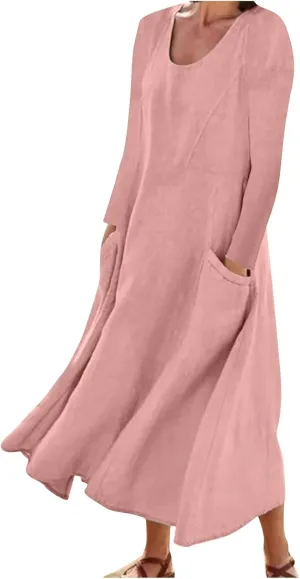 Linen Cotton Dresses for Women 2024 Long Sleeve Solid Casual Baggy Flowy Lightweight Vacation Maxi Dress with Pockets