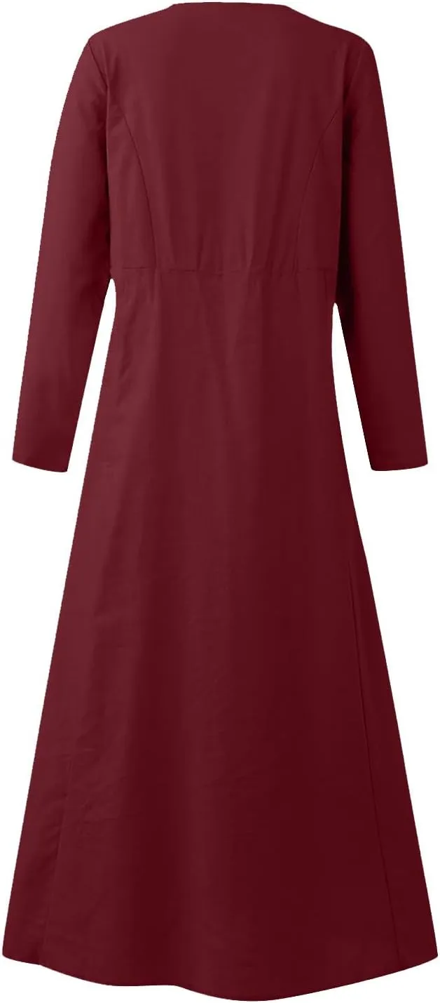 Linen Cotton Dresses for Women 2024 Long Sleeve Solid Casual Baggy Flowy Lightweight Vacation Maxi Dress with Pockets
