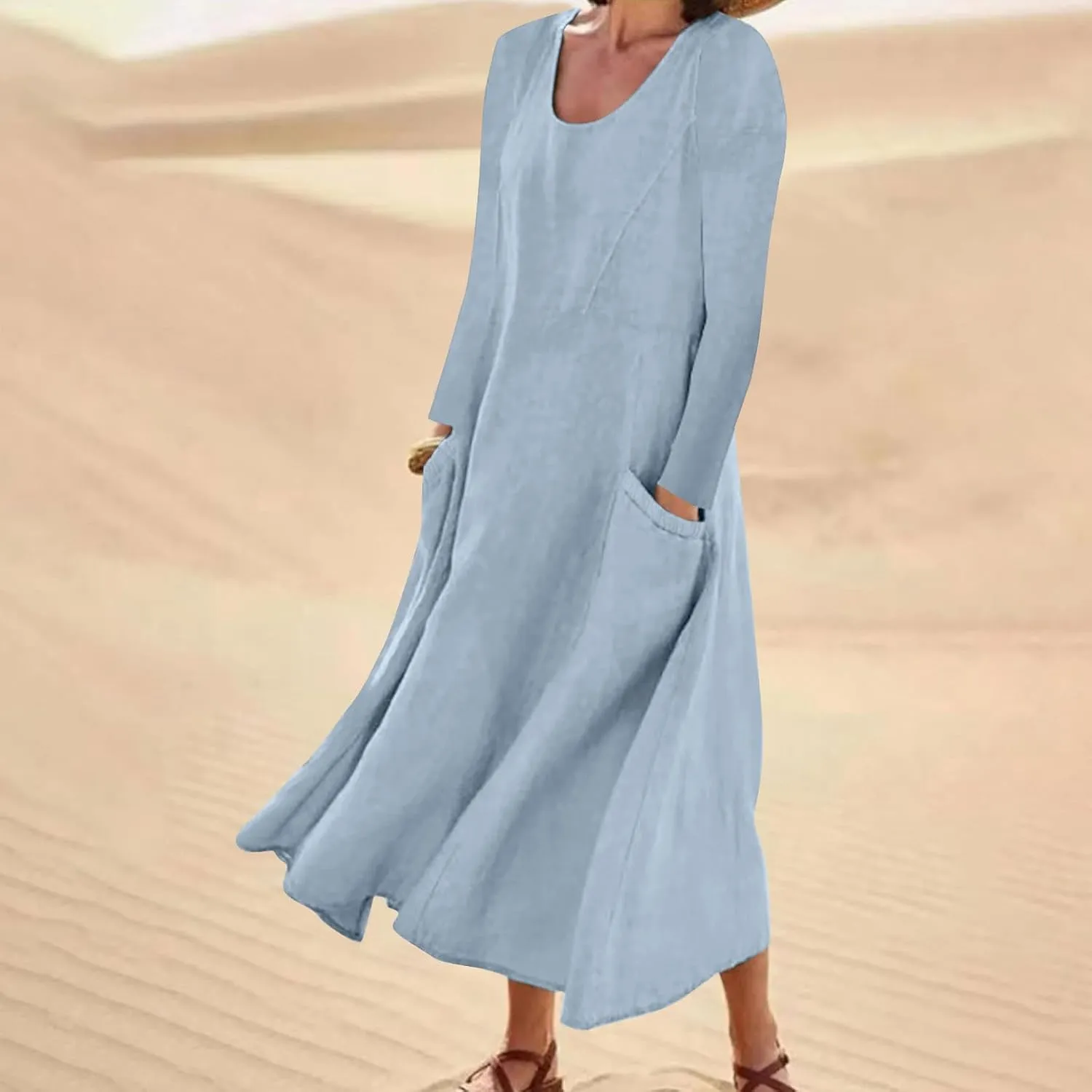 Linen Cotton Dresses for Women 2024 Long Sleeve Solid Casual Baggy Flowy Lightweight Vacation Maxi Dress with Pockets