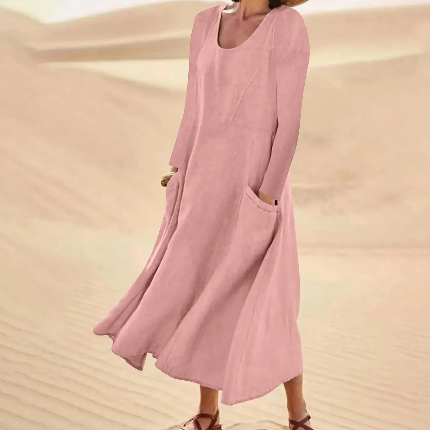 Linen Cotton Dresses for Women 2024 Long Sleeve Solid Casual Baggy Flowy Lightweight Vacation Maxi Dress with Pockets