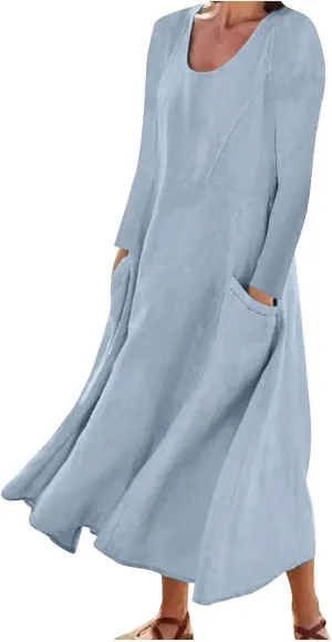 Linen Cotton Dresses for Women 2024 Long Sleeve Solid Casual Baggy Flowy Lightweight Vacation Maxi Dress with Pockets