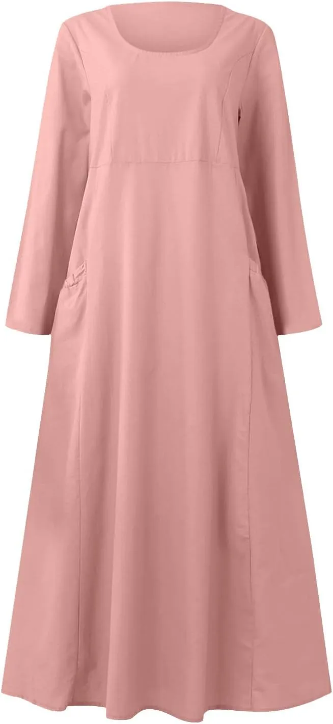 Linen Cotton Dresses for Women 2024 Long Sleeve Solid Casual Baggy Flowy Lightweight Vacation Maxi Dress with Pockets