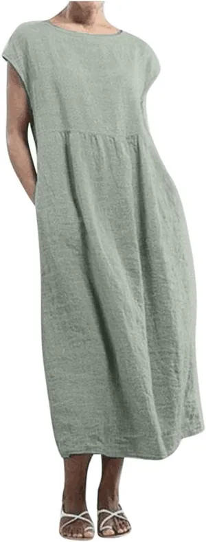 Linen Cotton Dresses for Women 2024 Sleeveless Casual Baggy Flowy Lightweight Dress Comfy Loose Holiday Maxi Dresses