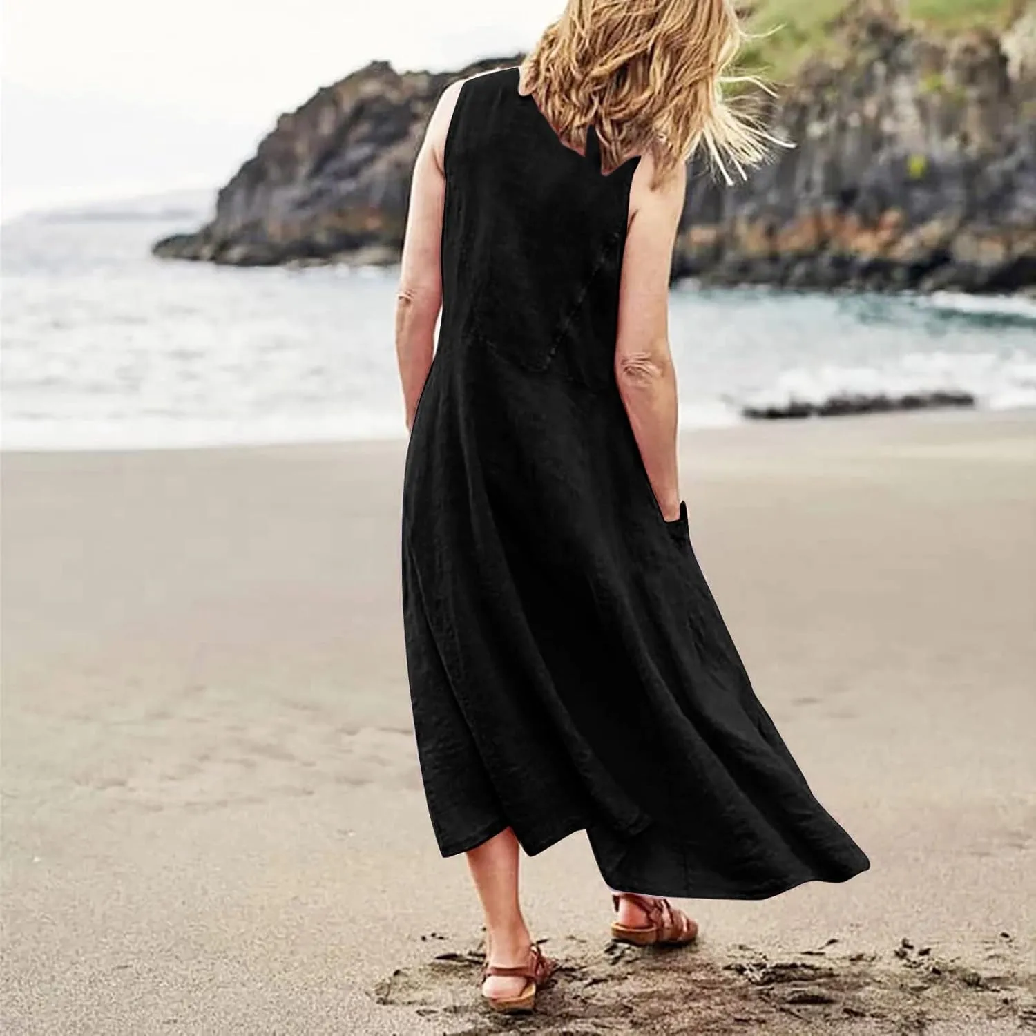 Linen Dress Women Plus Size Summer Dresses 2025 Casual Solid Colour Sleeveless Cotton Linen Dress with Pocket