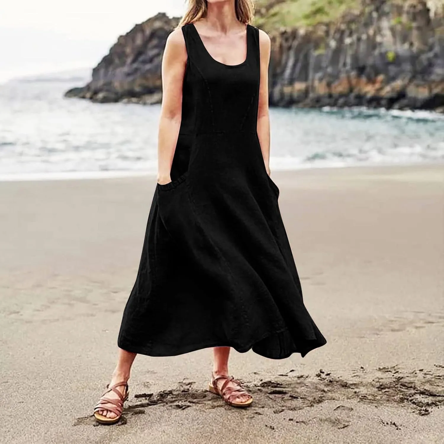 Linen Dress Women Plus Size Summer Dresses 2025 Casual Solid Colour Sleeveless Cotton Linen Dress with Pocket