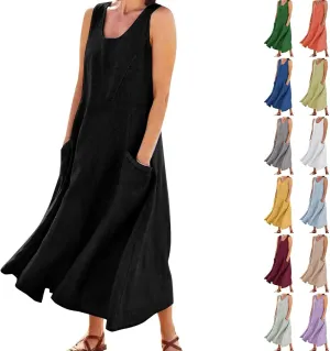 Linen Dress Women Plus Size Summer Dresses 2025 Casual Solid Colour Sleeveless Cotton Linen Dress with Pocket