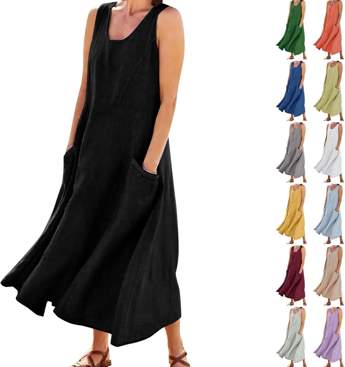 Linen Dress Women Plus Size Summer Dresses 2025 Casual Solid Colour Sleeveless Cotton Linen Dress with Pocket