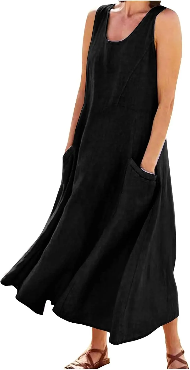 Linen Dress Women Plus Size Summer Dresses 2025 Casual Solid Colour Sleeveless Cotton Linen Dress with Pocket