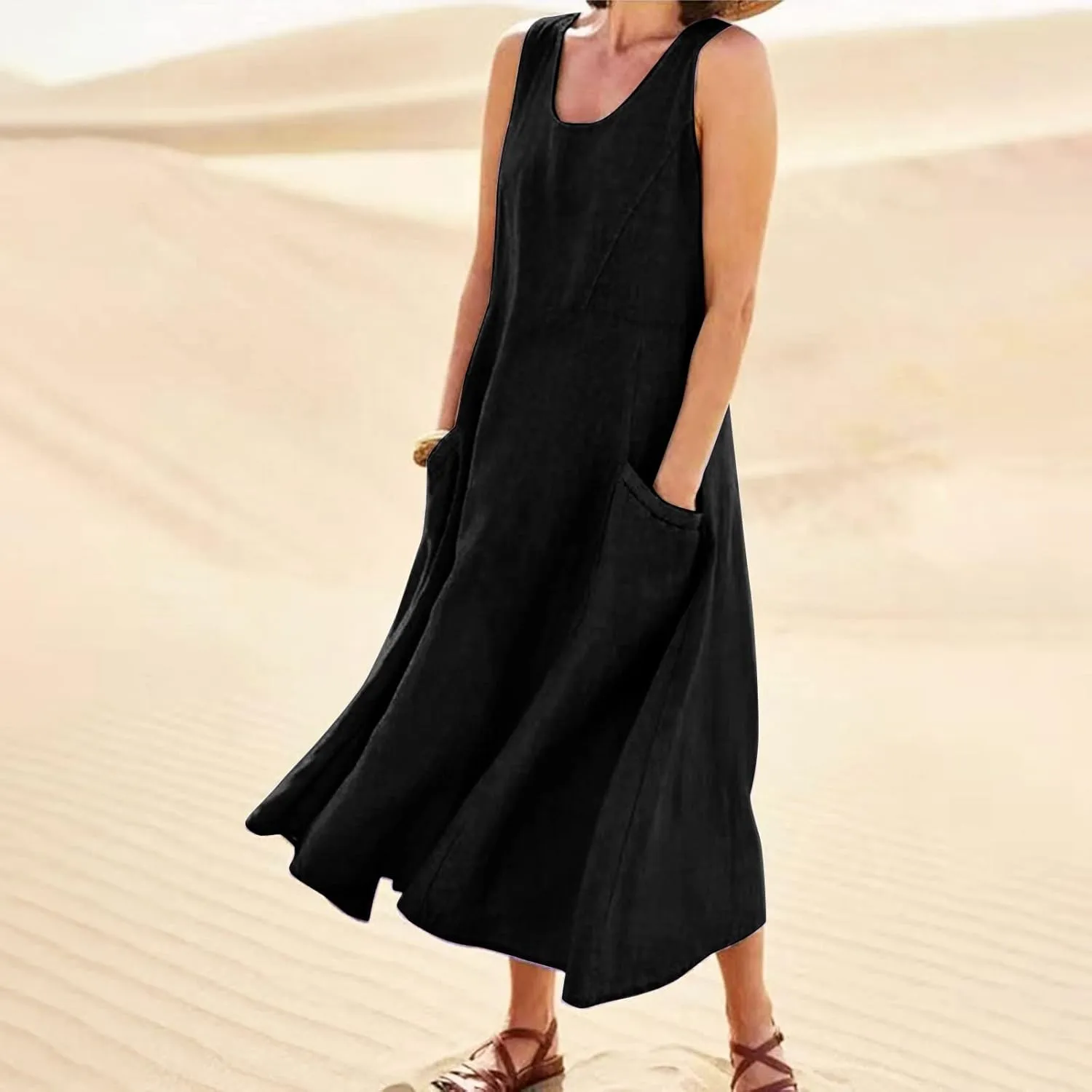 Linen Dress Women Plus Size Summer Dresses 2025 Casual Solid Colour Sleeveless Cotton Linen Dress with Pocket