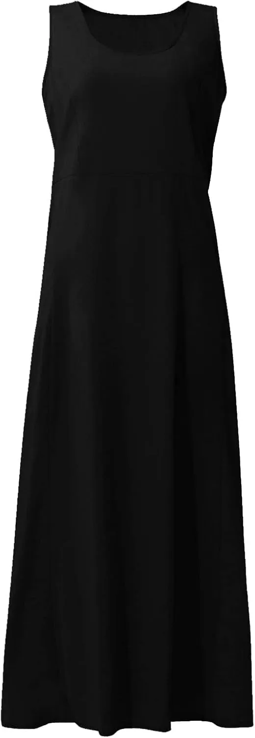 Linen Dress Women Plus Size Summer Dresses 2025 Casual Solid Colour Sleeveless Cotton Linen Dress with Pocket