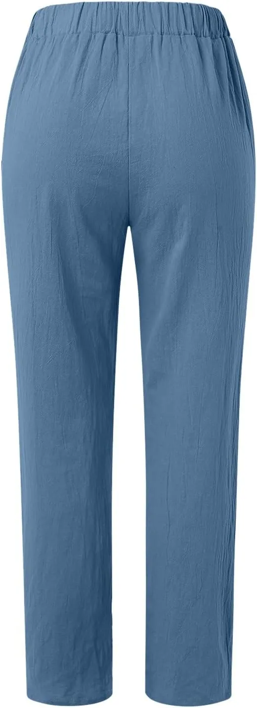 Linen Pants Women Summer Elastic Waist Straight Leg Lounge Pants Solid Color Lightweight Trendy Trousers with Pocket