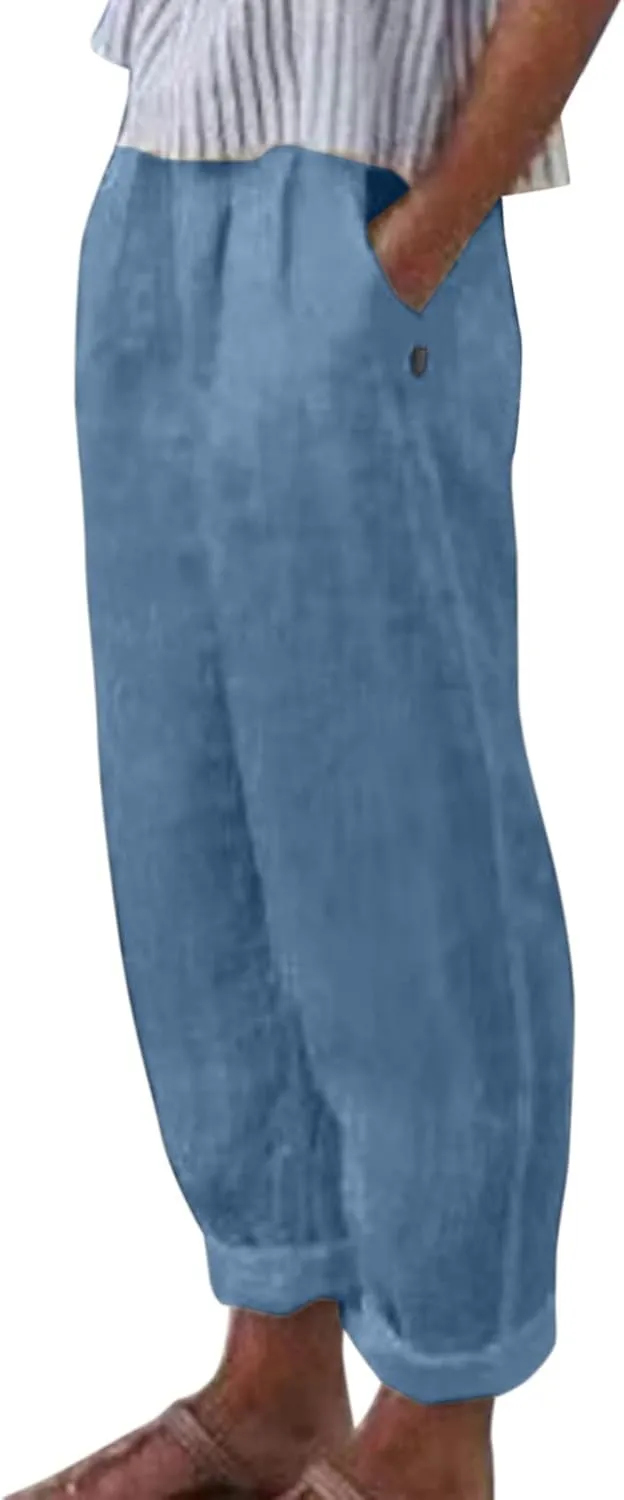 Linen Pants Women Summer Elastic Waist Straight Leg Lounge Pants Solid Color Lightweight Trendy Trousers with Pocket