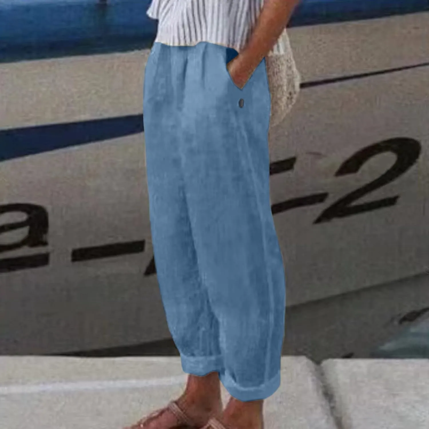 Linen Pants Women Summer Elastic Waist Straight Leg Lounge Pants Solid Color Lightweight Trendy Trousers with Pocket