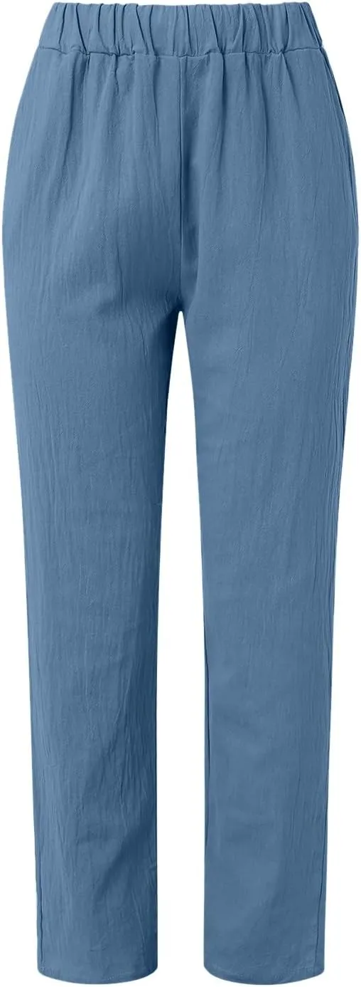 Linen Pants Women Summer Elastic Waist Straight Leg Lounge Pants Solid Color Lightweight Trendy Trousers with Pocket