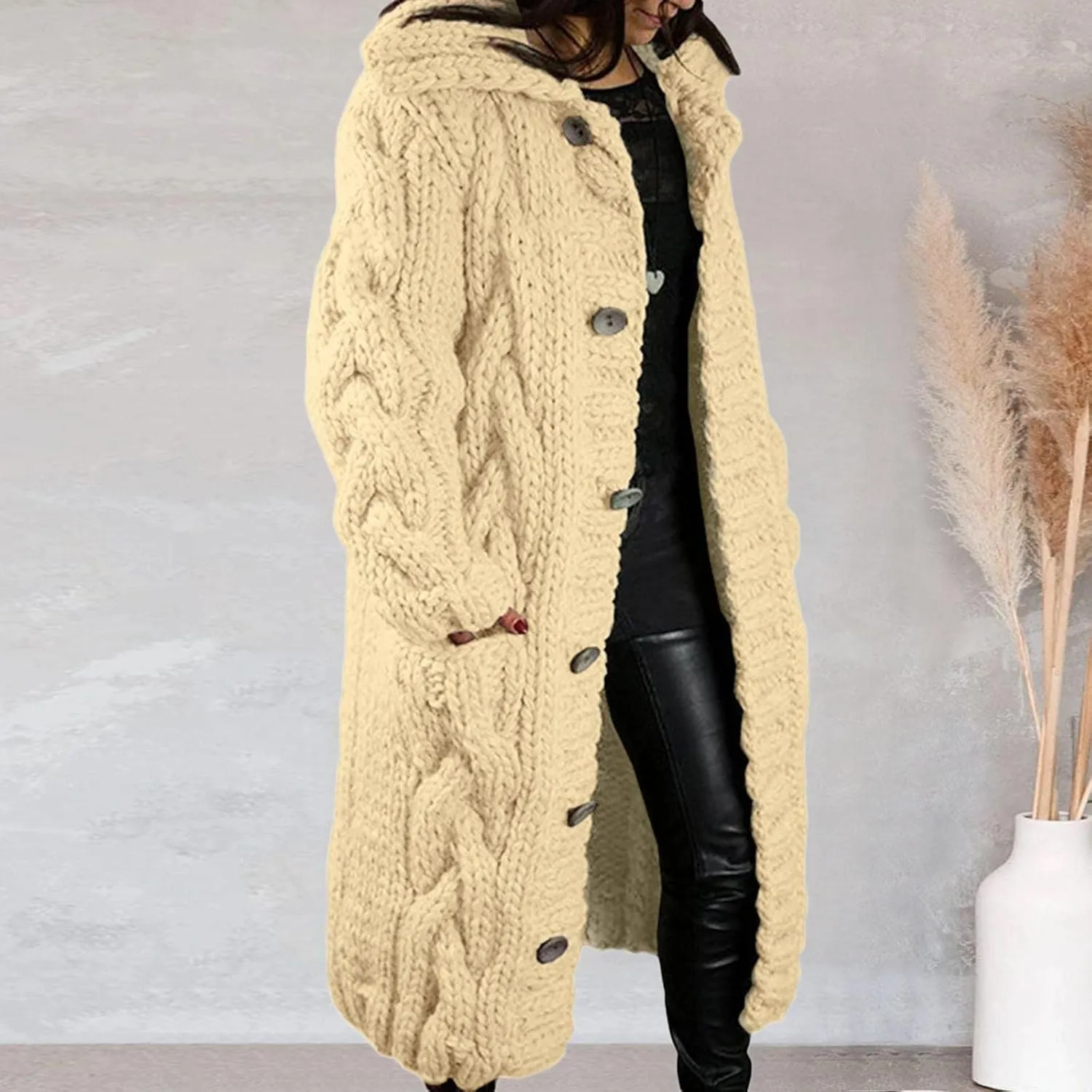 Long Cardigan for Women Long Sleeve Cable Knit Button Up Loose Plain Winter Hooded Trench Coat with Pocket Warm Overcoat
