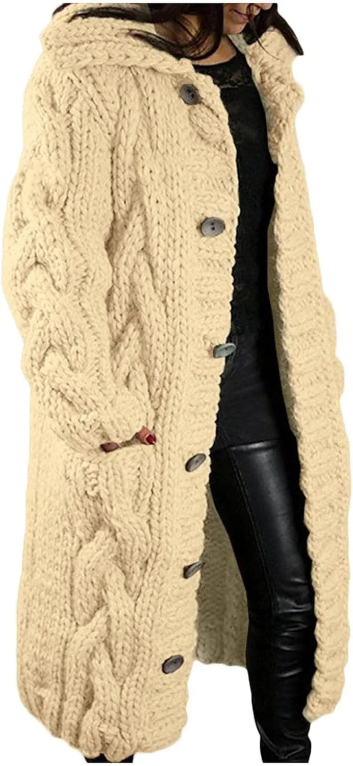 Long Cardigan for Women Long Sleeve Cable Knit Button Up Loose Plain Winter Hooded Trench Coat with Pocket Warm Overcoat