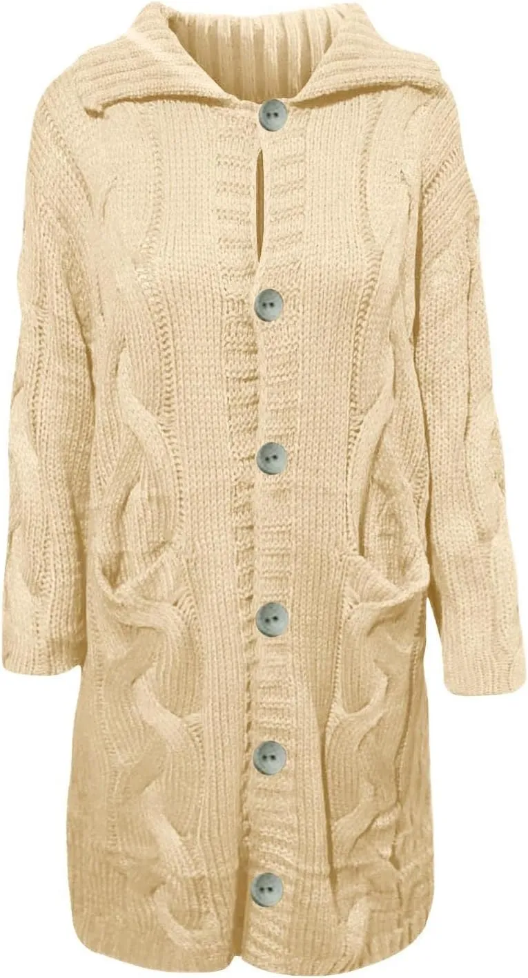 Long Cardigan for Women Long Sleeve Cable Knit Button Up Loose Plain Winter Hooded Trench Coat with Pocket Warm Overcoat