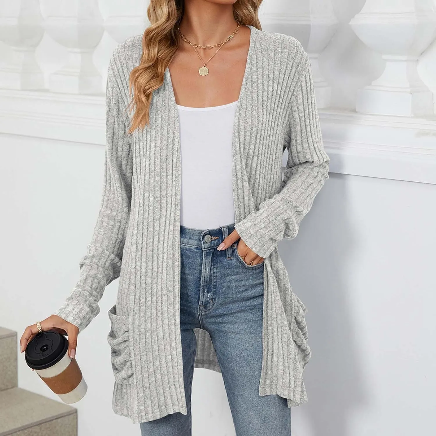 Long Cardigans For Women Trendy Draped Long Sleeve Open Front Cardigan Sweaters Oversized Knit Cardigan With Pockets