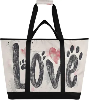 Love Paw Print Large Insulated Tote Bag for Grocery Shopping Reusable Tote Bags for Women Men, Cooler Bag with Zippered Top & Handles for Beach Picnic Travel