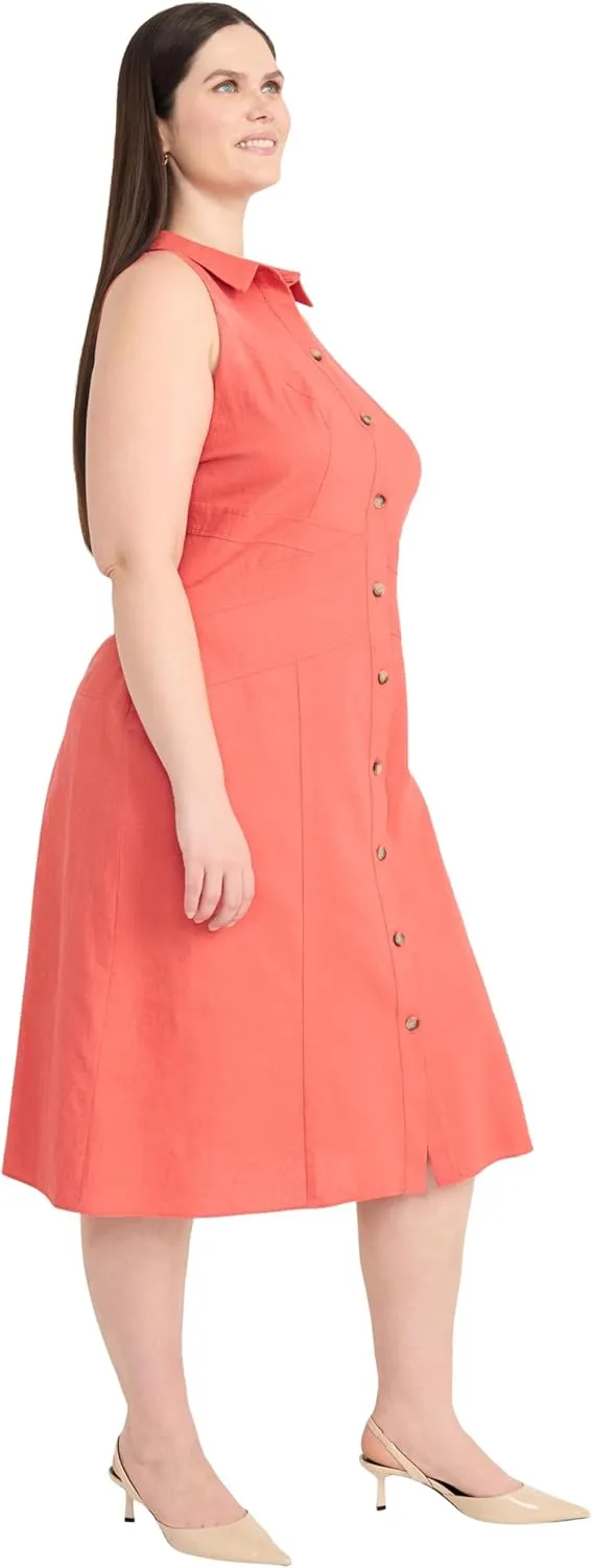 Maggy London Women's Sleeveless Button Down Midi Linen Rayon Blend-Elegant A-line Business Casual Dress