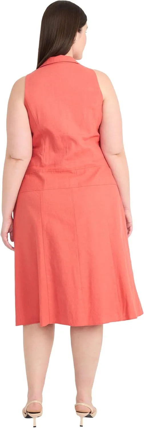 Maggy London Women's Sleeveless Button Down Midi Linen Rayon Blend-Elegant A-line Business Casual Dress