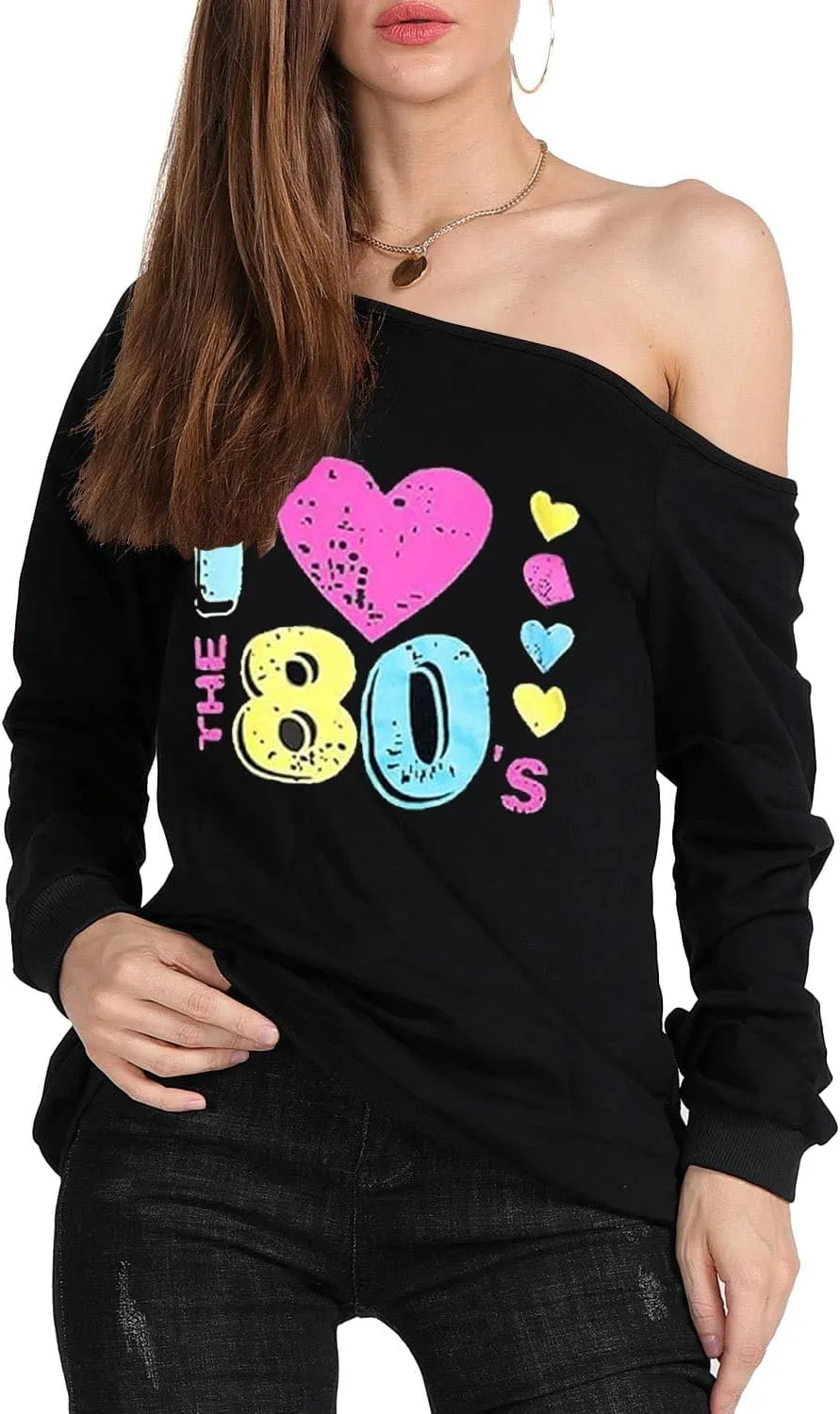 MAGICMK Womans Sweatershirt Lips Print Causal Blouse Off The Shoulder Long Sleeve Loose Slouchy Pullover Plus Size Tops