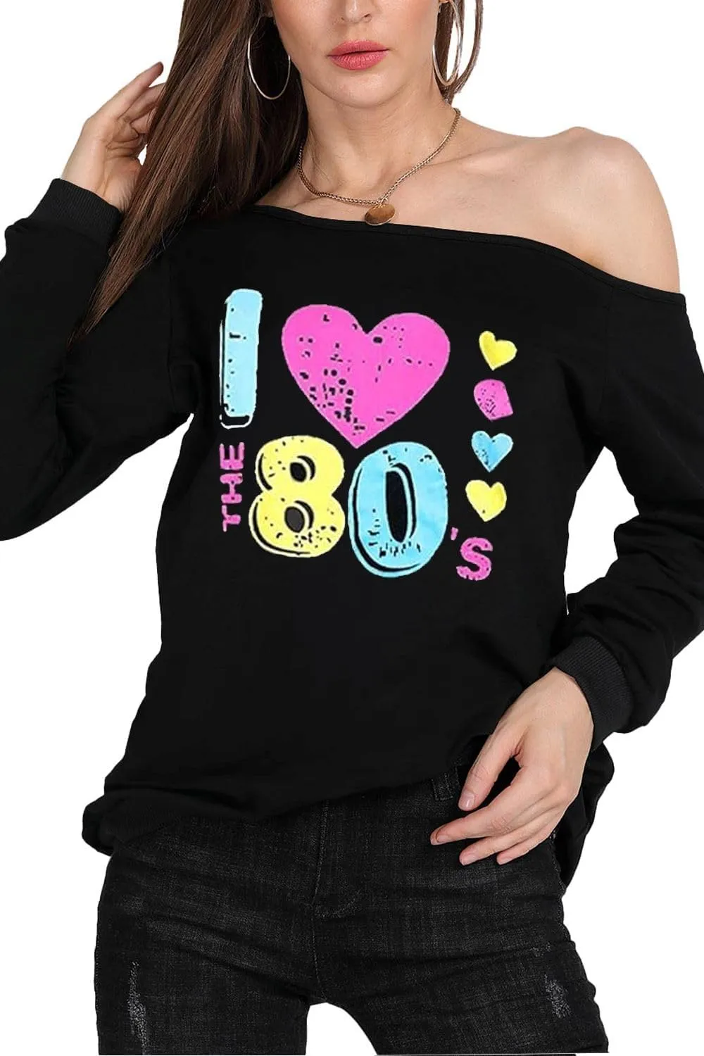 MAGICMK Womans Sweatershirt Lips Print Causal Blouse Off The Shoulder Long Sleeve Loose Slouchy Pullover Plus Size Tops