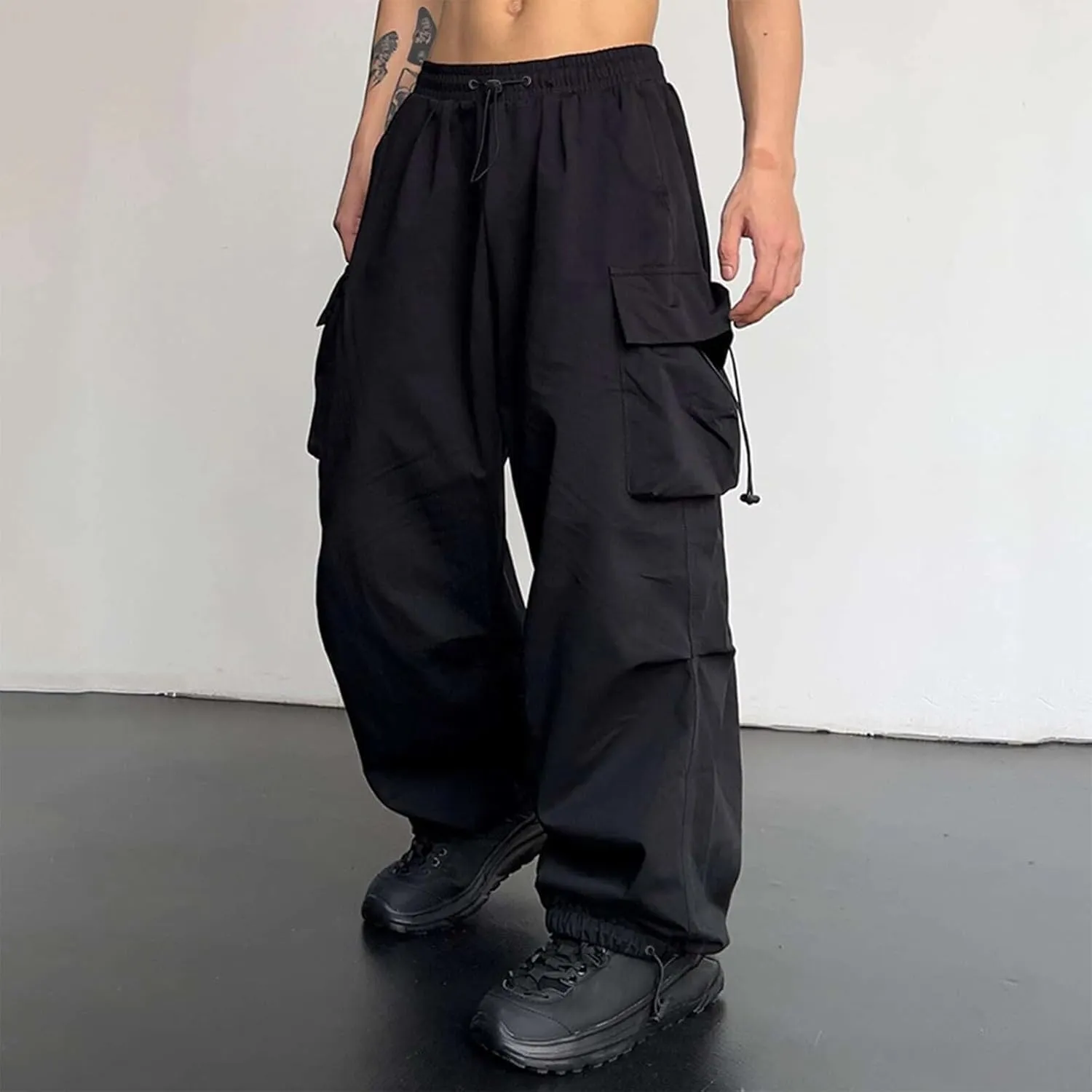 Men's Baggy Cargo Pants Trendy Casual Pants, Loose Fit Drawstring Rope Cargo Joggers with Pockets Streetwear