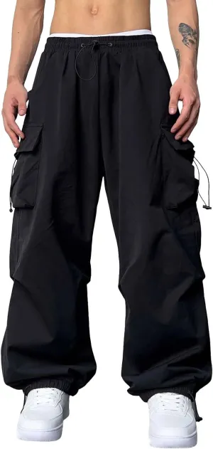Men's Baggy Cargo Pants Trendy Casual Pants, Loose Fit Drawstring Rope Cargo Joggers with Pockets Streetwear